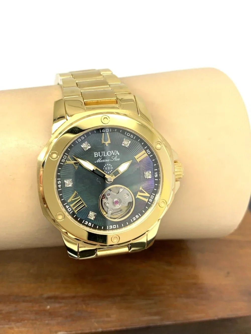 Bulova Women's Watch 97P171 Automatic Black Mother of Pearl Dial Gold Steel 35mm